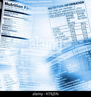 Informazioni nutrizionali fatti su un assortimento di etichette alimentari Foto Stock