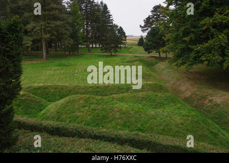 Trincee in Terranova Beaumont-Hamel Memorial, Somme, Francia Foto Stock