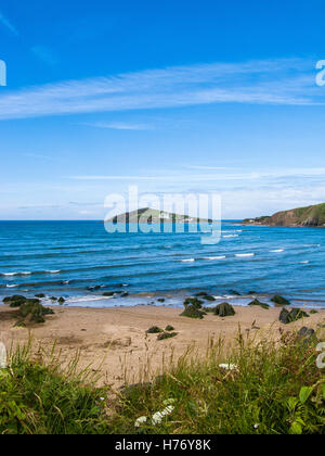 Burgh island e hotel dalla spiaggia bantham, DEVON REGNO UNITO Foto Stock