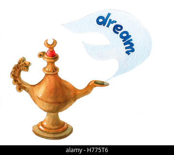 Mano illustrazione ad acquerello del magico di Aladino lampada genie su sfondo bianco. Foto Stock