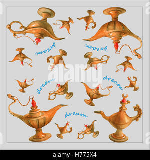 Mano illustrazione ad acquerello del magico di Aladino lampada genie dall'Arabian Nights. Sfondo grigio. Foto Stock