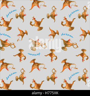 Mano illustrazione ad acquerello del magico di Aladino lampada genie dall'Arabian Nights. Sfondo grigio. Foto Stock