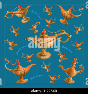 Mano illustrazione ad acquerello del magico di Aladino lampada genie. Turchese brillante background. Foto Stock