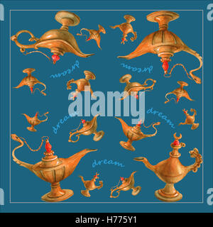 Mano illustrazione ad acquerello del magico di Aladino lampada genie. Turchese brillante background. Foto Stock