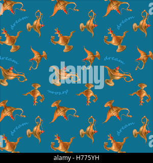 Mano illustrazione ad acquerello del magico di Aladino lampada genie. Turchese brillante background. Foto Stock