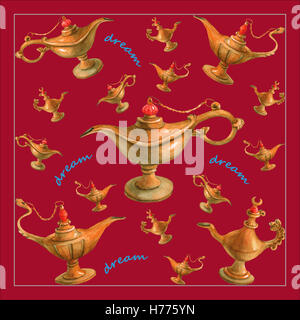 Mano illustrazione ad acquerello del magico di Aladino lampada genie. Cherry-colore di sfondo. Foto Stock