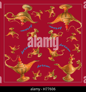 Mano illustrazione ad acquerello del magico di Aladino lampada genie. Cherry-colore di sfondo. Foto Stock