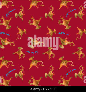 Mano illustrazione ad acquerello del magico di Aladino lampada genie. Cherry-colore di sfondo. Foto Stock