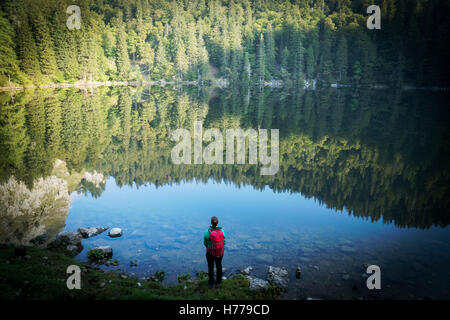 Giovane donna in piedi accanto a un lago di montagna, Alpi, Salisburgo, Austria Foto Stock