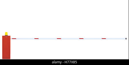Gated barriera stradale Closeup, carreggiata barra porta in bianco e rosso, Traffico Expressway Turnpike pedaggio e di arresto del veicolo il punto di sicurezza isolato Foto Stock