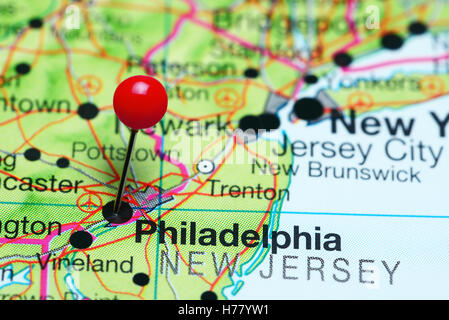 Philadelphia imperniata su una mappa della Pennsylvania, STATI UNITI D'AMERICA Foto Stock