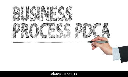 Processo di business PDCA scritto a mano, la scrittura a mano sul pannello trasparente, foto Foto Stock