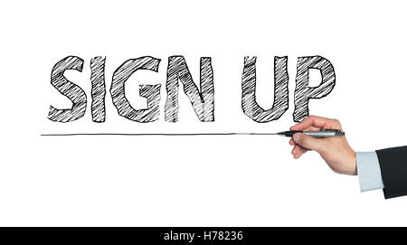 Sign up scritto a mano, la scrittura a mano sul pannello trasparente, foto Foto Stock