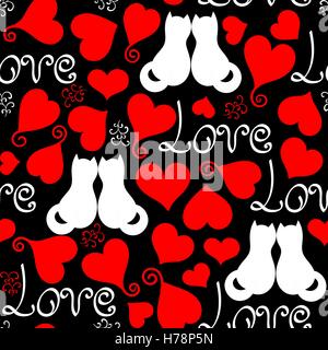 Vettore disegnati a mano la linea rosso, nero e bianco cuori, scritte e gatti sfondo senza giunture Illustrazione Vettoriale