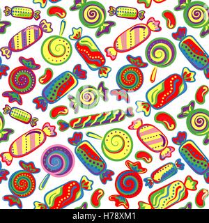 Carino seamless pattern con caramelle colorate. Seamless dolci diversi pattern. Caramelle assortite sfondo. Illustrazione Vettoriale