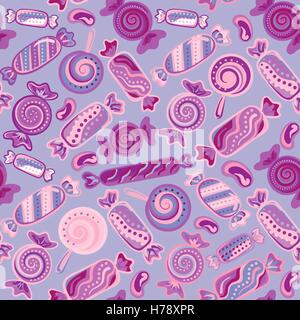 Seamless pattern sfondo vettoriale con lecca lecca e caramelle. Vettore sfondo senza giunture con caramelle colorate. Illustrazione Vettoriale