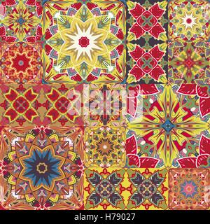 Vettore senza giunture patchwork di piastrelle con motivi in stile vittoriano in colorate. Impostare lo sfondo blu con rosa gialla ornamento in stile arabo. Illustrazione Vettoriale