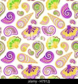 Modello senza giunture di disegnati a mano di conchiglie. Vettore di estate bambini sfondo doodle. Illustrazione Vettoriale
