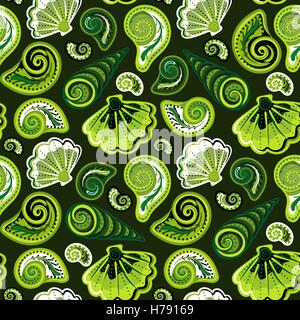 Modello senza cuciture con conchiglie. Estate vettore sfondo colorato. Disegnare a mano colorate conchiglie di mare sullo sfondo. Illustrazione Vettoriale