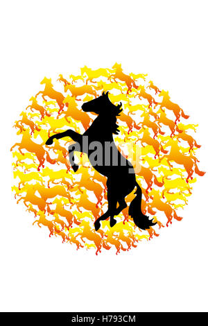 Illustrazione astratta di cavalli nella forma di un cerchio e Big Black Horse di fronte a loro Foto Stock