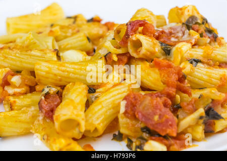 Tortiglioni al forno la pasta con la salsa di pomodoro, mozzarella e parmigiano nella piastra Foto Stock