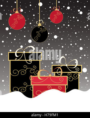 Una illustrazione di un messaggio di saluto di Natale carta con confezioni regalo e baubles decorate in bianco e nero e i colori rosso Foto Stock