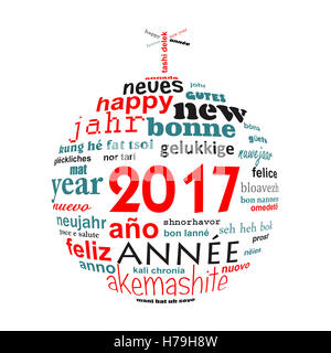 2017 Anno nuovo testo multilingue word cloud biglietto di auguri a forma di palla di Natale Foto Stock