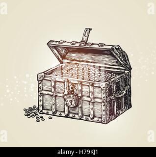 Pirate Treasure Chest con monete d'oro. Illustrazione Vettoriale Illustrazione Vettoriale