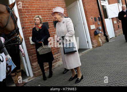 La regina Elisabetta II incontra un ex cavallo durante una visita al National Heritage Centre for Horseracing and Sporting Art di Newmarket. Foto Stock