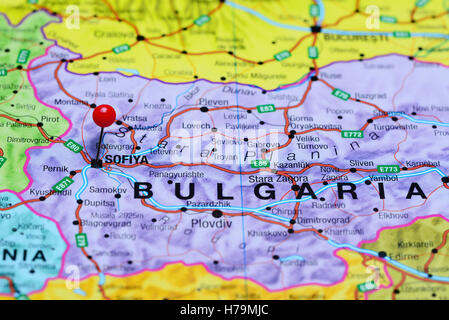 Sofia imperniata su una mappa della Bulgaria Foto Stock