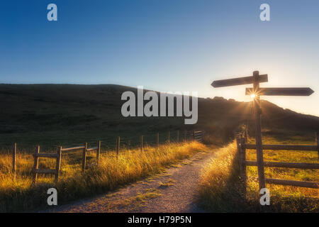 Cartello in legno nei pressi di un percorso e sunray Foto Stock