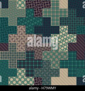 Vector Seamless Cross Patchwork Quilt Pattern in verde e marrone Colori Illustrazione Vettoriale