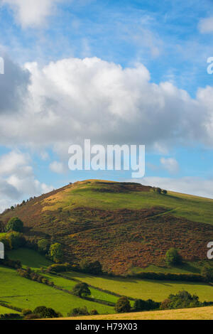 Sole su Caer Caradoc Iron Age Fort collina vicino a Prato della cappella, Clun, Shropshire, Inghilterra, Regno Unito. Foto Stock