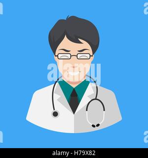 Piatto Icona medico vettore. Medico sorridente icona avatar Illustrazione Vettoriale