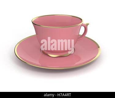 Isolato porcellana antica rosa tazza da tè sul piattino con bordatura in oro su sfondo bianco. Stoviglie vintage. 3D'illustrazione. Foto Stock