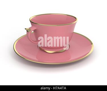 Isolato porcellana antica rosa tazza da tè sul piattino con bordatura in oro su sfondo bianco. Stoviglie vintage. 3D'illustrazione. Foto Stock