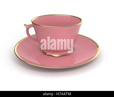 Isolato porcellana antica rosa tazza da tè sul piattino con bordatura in oro su sfondo bianco. Stoviglie vintage. 3D'illustrazione. Foto Stock