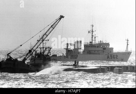 AJAXNETPHOTO. 31 Agosto, 1984. Canale, Belgio. - RADIO ACTIVE naufragio - il rovesciamento il relitto del mercantile francese Mont Louis (5.800 tonnellate) che affondò vicino alla banca AKKAERT 6 MIGLIA AL LARGO DELLA COSTA BELGA SU 26agosto dopo una collisione con il canale trasversale FERRY OLAU Britannia. FREIGHTER portante era parte di un carico di 30 contenitori di 15 tonnellate ciascuno di radio-ACTIVE uranio esafluoruro di a. Foto:JONATHAN EASTLAND/AJAX REF:21501 1 45 840831 2 Foto Stock