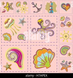 Vector Marine modello senza giunture. Patchwork di mare. Illustrazione Vettoriale