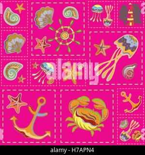 Vector Marine modello senza giunture. Patchwork di mare. Illustrazione Vettoriale
