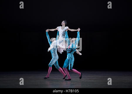 Dresden, Germania. 03 Nov, 2016. Istvan Simon come Miguel Basilio (L), Svetlana Gileva come Aldonza Lorenzo e Christian Bauch come Alonso Quixano/Don Chisciotte provano il balletto in due atti 'Dsu Chisciotte' nel Teatro dell'opera Semperoper di Dresda, Germania, 03 novembre 2016. La premiere è il 05 novembre 2016. Foto: ARNO BURGI/dpa/Alamy Live News Foto Stock