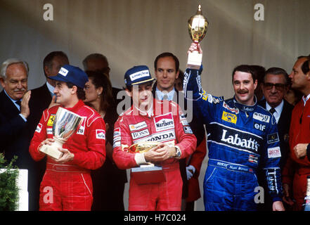 1991 Jean Alesi Ayrton Senna Nigel Mansell podio Foto Stock