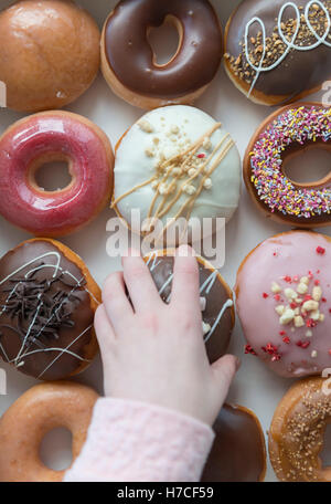 A mano selezionando una ciambella da una scatola di una dozzina di ciambelle. Foto Stock