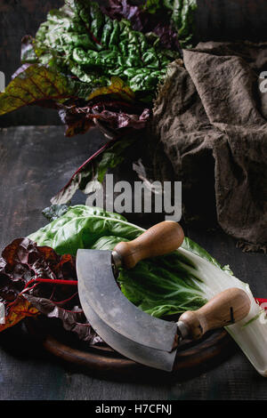 Varietà di bietole novelle mangold foglie di insalata woode sul tagliere con coltello vintage e cilicio rag oltre il vecchio legno scuro ba Foto Stock