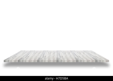 In alto di bianco scaffale di legno isolato su sfondo bianco. Per la visualizzazione del prodotto Foto Stock
