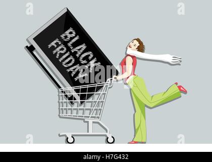 Vettore digitale venerdì nero vendita iscrizione modello di progettazione con una donna felice e una tv su un carrello della spesa. Illustrazione Vettoriale