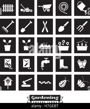 Raccolta di giardinaggio icone vettoriali, negativo in quadrati neri Illustrazione Vettoriale