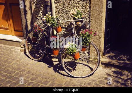 Modello di una vecchia bicicletta dotata di cestelli di bellissimi fiori Foto Stock