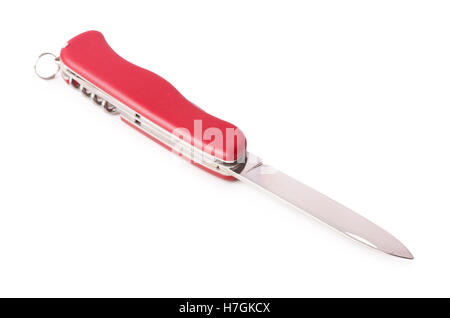 Rosso coltello multiuso isolati su sfondo bianco Foto Stock