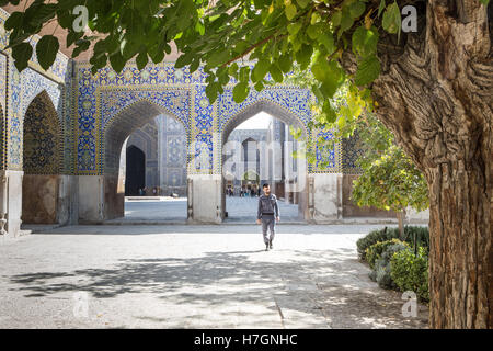 Poliziotto a piedi attraverso soleggiato cortile della moschea con albero in primo piano Foto Stock